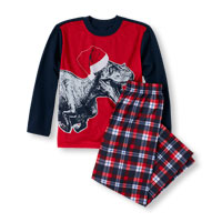 Boy's Long Sleeve Dino Top and Plaid Pants PJ Set