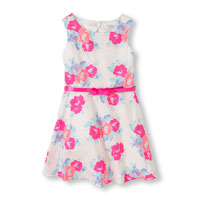 Girl's Sleeveless Neon Bow Belt Floral Print Dress