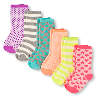 Girls Heart Print, Dot Print, And Striped Crew Socks 6-Pack