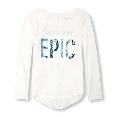 Girls Long Sleeve Embellished Graphic Pieced-Back Hi-Low Top