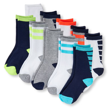 Boys Striped and Solid Athletic Crew Socks 10-Pack