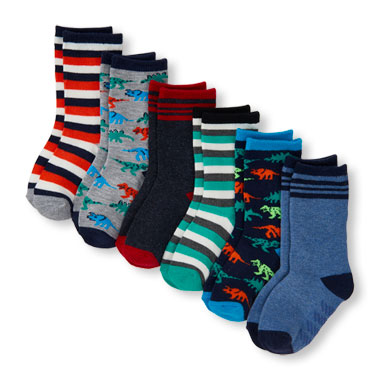 Toddler Boys Dinosaur, Striped, And Solid Crew Socks 6-Pack