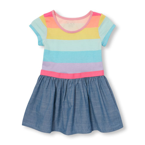 Toddler Girls Short Sleeve Rainbow Stripe And Chambray Dress | The ...