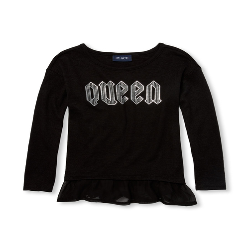 

Girls Long Sleeve Glitter Graphic Lightweight Sweater Peplum Top - Black - The Children's Place