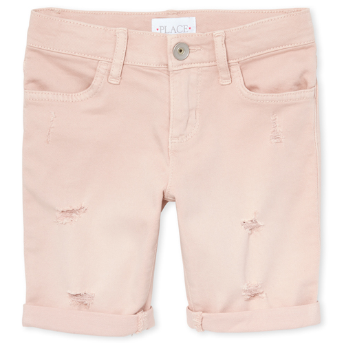 

s Roll Cuff Distressed Denim Skimmer Shorts - Pink - The Children's Place