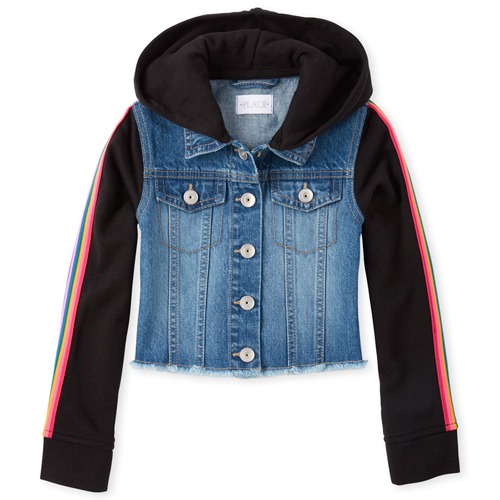 

Girls Rainbow Striped Hooded Denim Jacket - The Children's Place