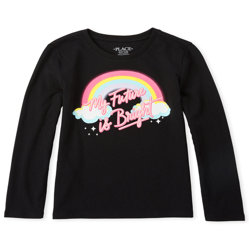 

Girls Glitter Rainbow Future Graphic Tee - Black T-Shirt - The Children's Place