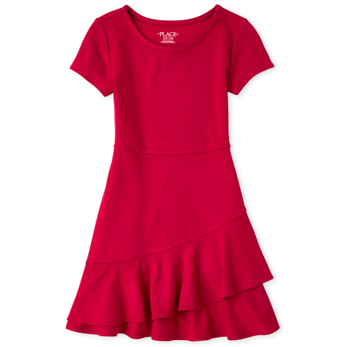 

Girls Ponte Knit Tiered Ruffle Dress - Red - The Children's Place