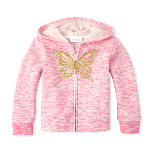 

Girls Glitter Marled Fleece Zip Up Hoodie - Pink - The Children's Place