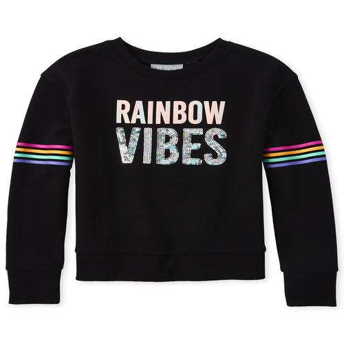 

Girls Active Sequin Rainbow Stripe French Terry Sweatshirt - Black - The Children's Place