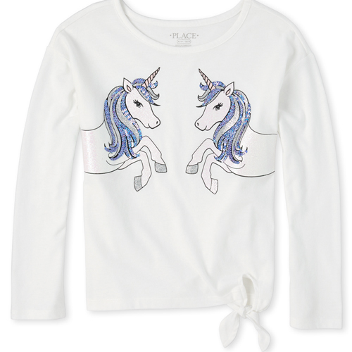 

Girls Embellished Unicorn Tie Front Top - White - The Children's Place