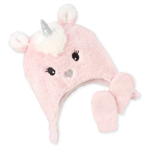 

Newborn Baby Faux Fur Unicorn Hat And Mittens Set - Pink - The Children's Place