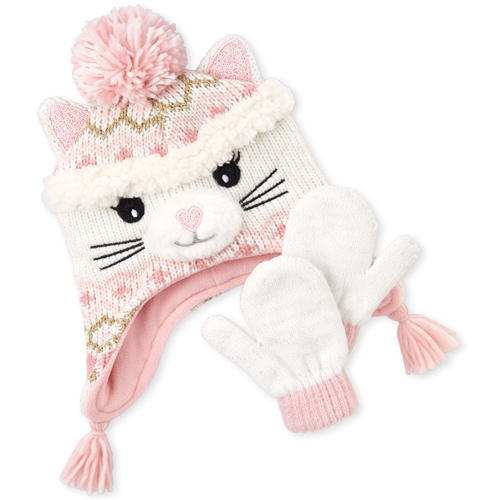 

Baby Girls Toddler Glitter Cat Hat And Mittens Set - Pink - The Children's Place