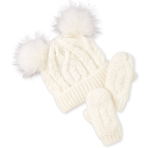 

Baby Girls Toddler Glitter Cable Knit Pom Pom Beanie And Mittens Set - White Hat - The Children's Place