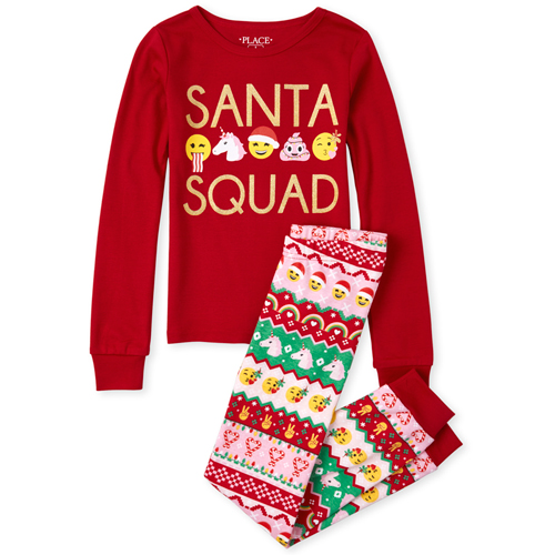 

s Glitter Santa Squad Emoji Snug Fit Cotton Pajamas - Red - The Children's Place