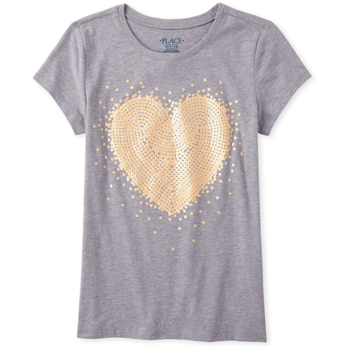 

Girls Faux Sequin Heart Graphic Tee - Gray T-Shirt - The Children's Place