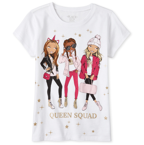 

Girls Glitter Queen Squad Graphic Tee - White T-Shirt - The Children's Place