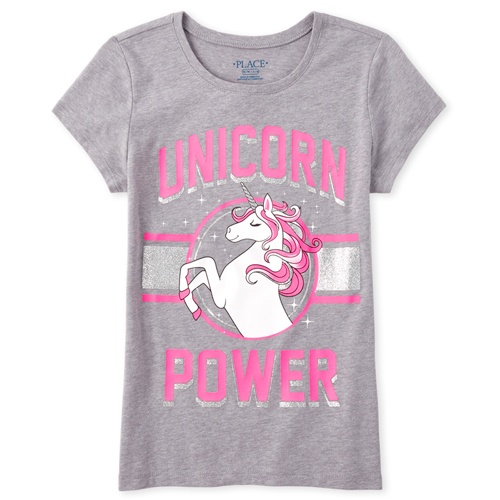 

s Glitter Unicorn Power Graphic Tee - Gray T-Shirt - The Children's Place