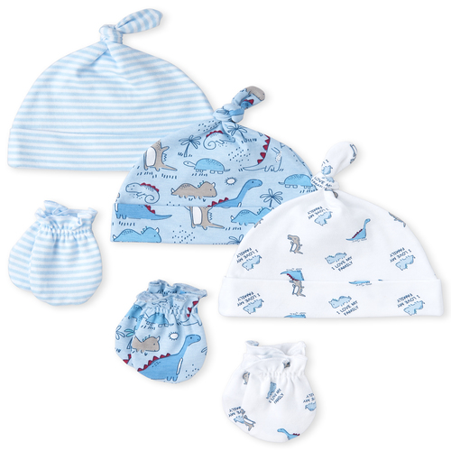 

Newborn Baby Boys Dino Knotted Hat And Mittens 6-Piece Set - Blue - The Children's Place