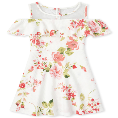 

Girls Floral Stretch Jacquard Cold Shoulder Dress - White - The Children's Place