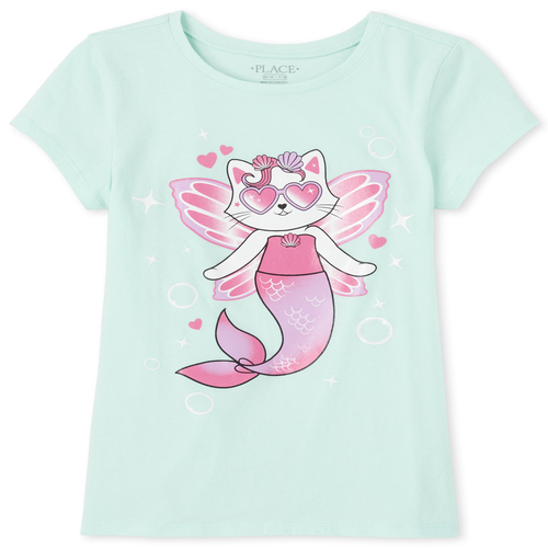 

Girls Glitter Mermaid Cat Graphic Tee - Blue T-Shirt - The Children's Place