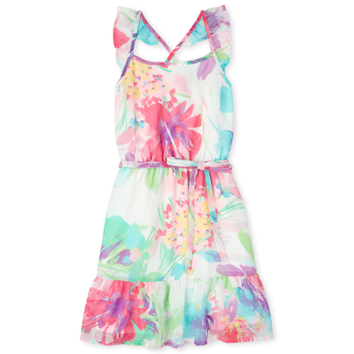 

Girls Floral Cross Back Ruffle Dress - White - The Children's Place