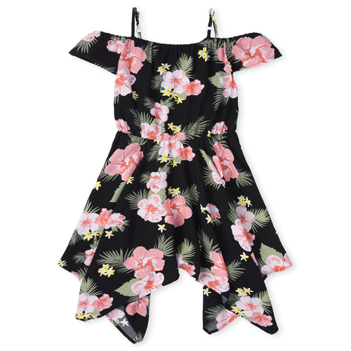 

Girls Matching Family Tropical Off Shoulder Sharkbite Hem Dress - Black - The Children's Place