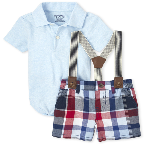 

Newborn Baby Boys Polo Bodysuit And Plaid Shorts Outfit Set - Blue - The Children's Place