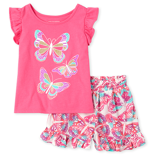 

s Toddler Glitter Butterfly Ruffle Top And Shorts Outfit Set - Pink - The Children's Place