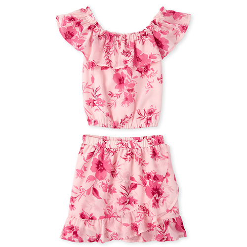 

Girls Floral Ruffle Top And Faux Wrap Skirt Set - Pink - The Children's Place