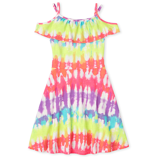 

Girls Tie Dye Ruffle Off Shoulder Dress - White - The Children's Place