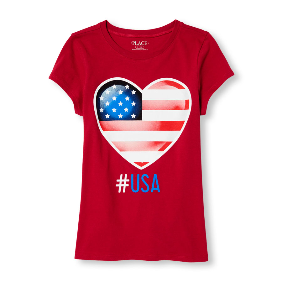 Girls Americana Short Sleeve 'USA' American Flag Heart Graphic Tee ...